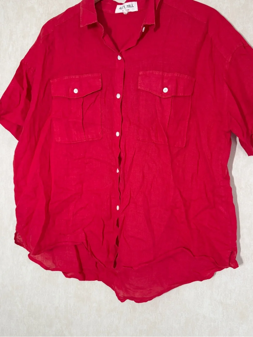 Alex Mill Women’s Wash & Go 100% Linen Utility Shirt Shortsleeve in Red XL